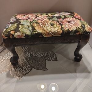 Antique Floral Upholstered Footstool Approximately 8.5 X 14", 7.5" Tall